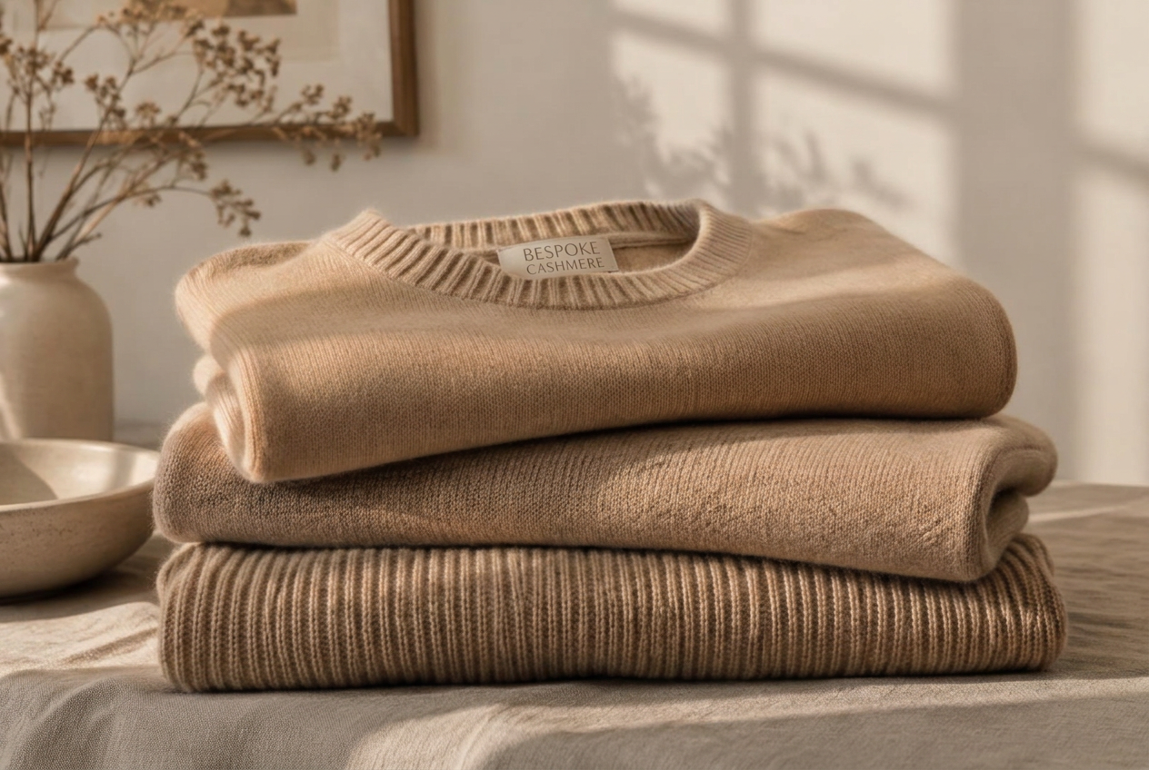 Folded cashmere sweaters in camel tones